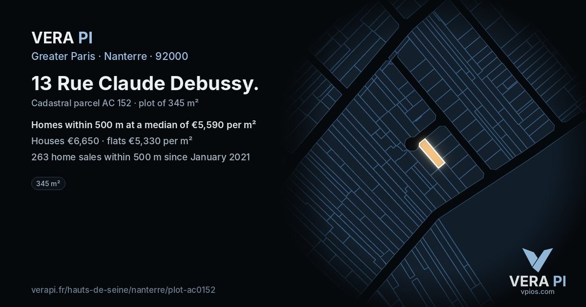 13 Rue Claude Debussy, Nanterre at night – the plot lit, the parcels around coloured by the prices near them
