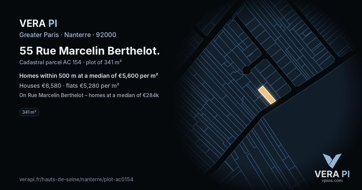 55 Rue Marcelin Berthelot, Nanterre at night – the plot lit, the parcels around coloured by the prices near them