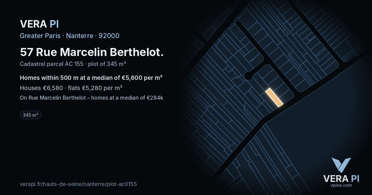57 Rue Marcelin Berthelot, Nanterre at night – the plot lit, the parcels around coloured by the prices near them