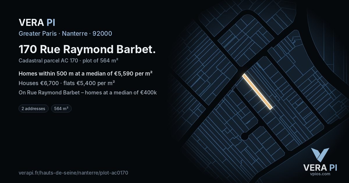 170 Rue Raymond Barbet, Nanterre at night – the plot lit, the parcels around coloured by the prices near them