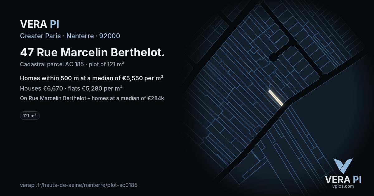 47 Rue Marcelin Berthelot, Nanterre at night – the plot lit, the parcels around coloured by the prices near them