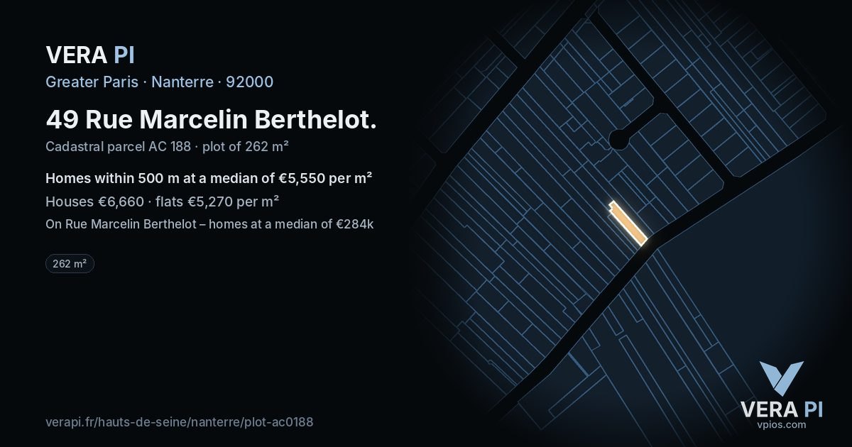 49 Rue Marcelin Berthelot, Nanterre at night – the plot lit, the parcels around coloured by the prices near them