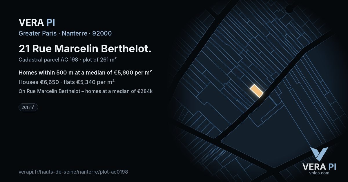21 Rue Marcelin Berthelot, Nanterre at night – the plot lit, the parcels around coloured by the prices near them