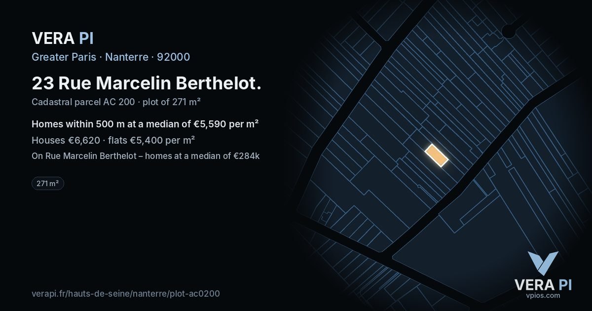 23 Rue Marcelin Berthelot, Nanterre at night – the plot lit, the parcels around coloured by the prices near them