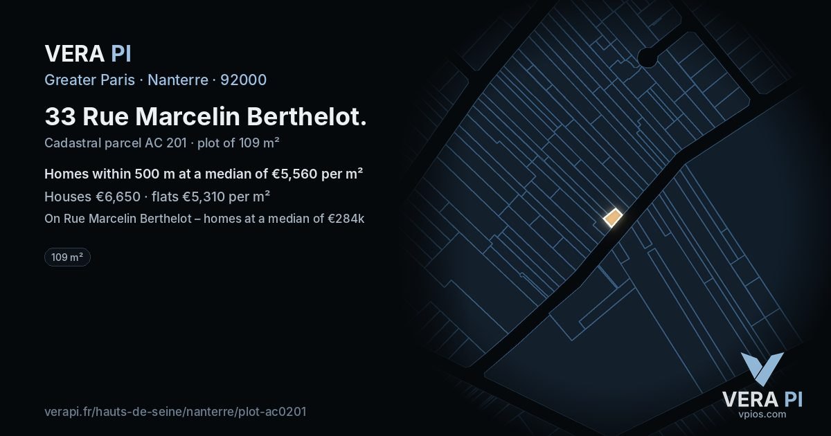 33 Rue Marcelin Berthelot, Nanterre at night – the plot lit, the parcels around coloured by the prices near them