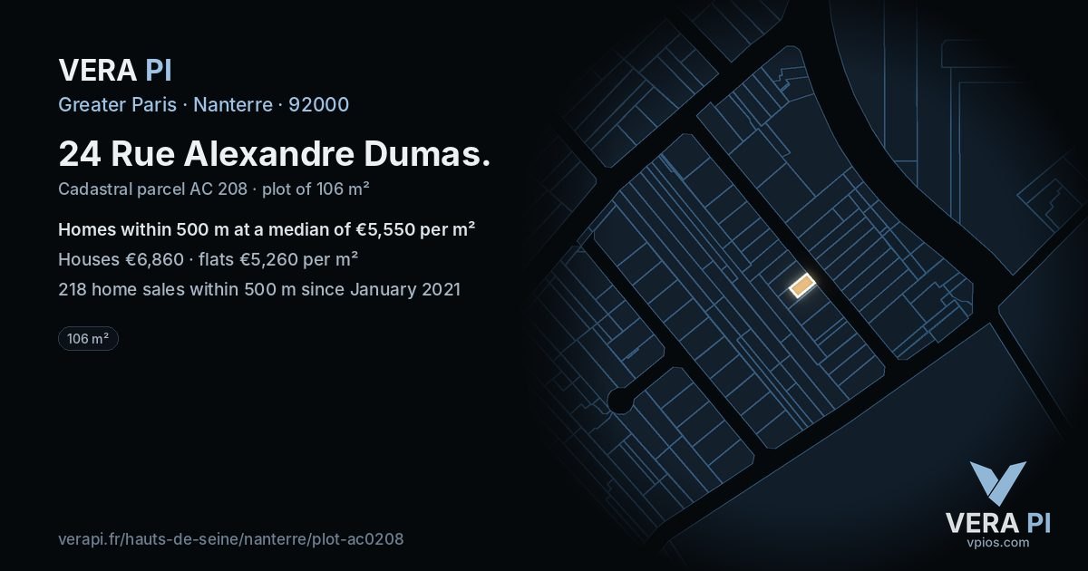 24 Rue Alexandre Dumas, Nanterre at night – the plot lit, the parcels around coloured by the prices near them