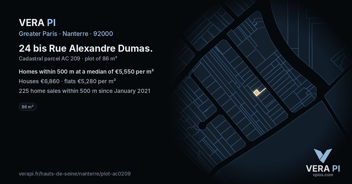 24 bis Rue Alexandre Dumas, Nanterre at night – the plot lit, the parcels around coloured by the prices near them