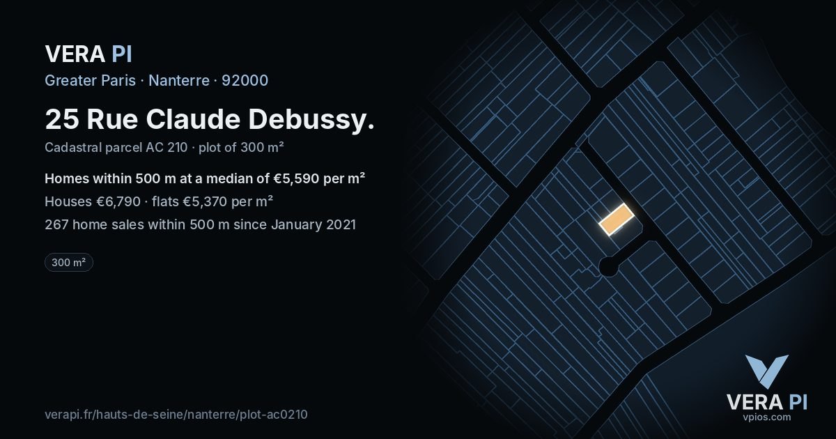 25 Rue Claude Debussy, Nanterre at night – the plot lit, the parcels around coloured by the prices near them