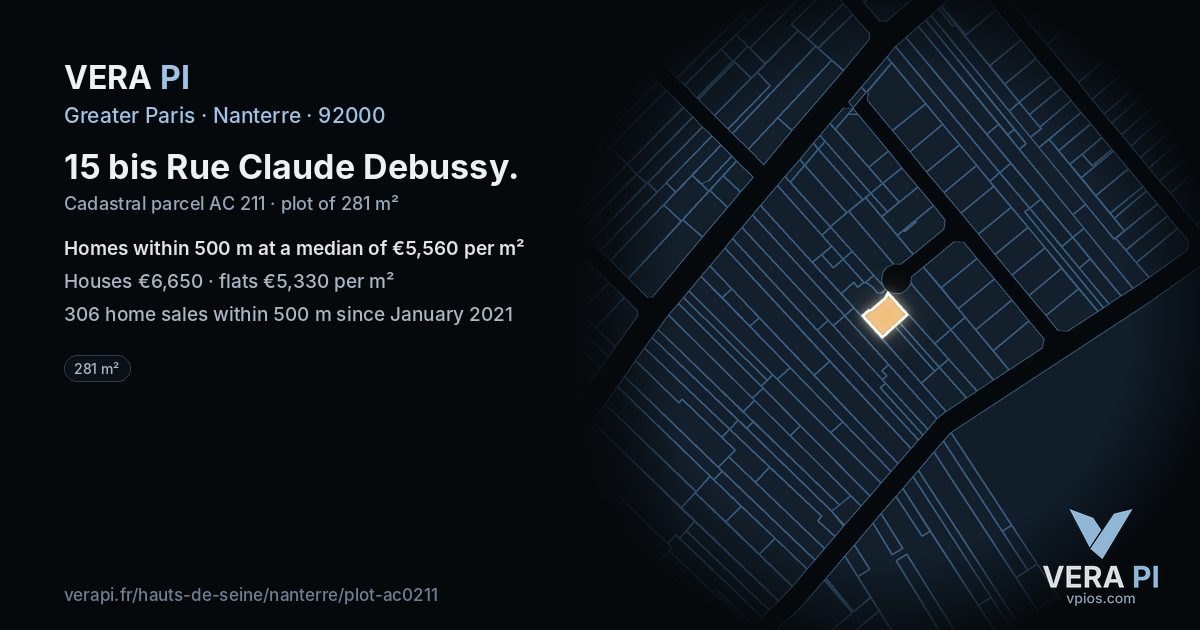 15 bis Rue Claude Debussy, Nanterre at night – the plot lit, the parcels around coloured by the prices near them