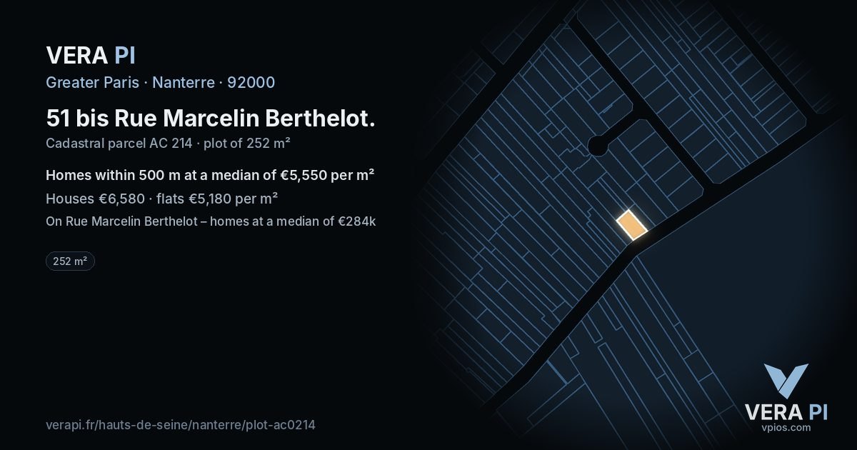 51 bis Rue Marcelin Berthelot, Nanterre at night – the plot lit, the parcels around coloured by the prices near them