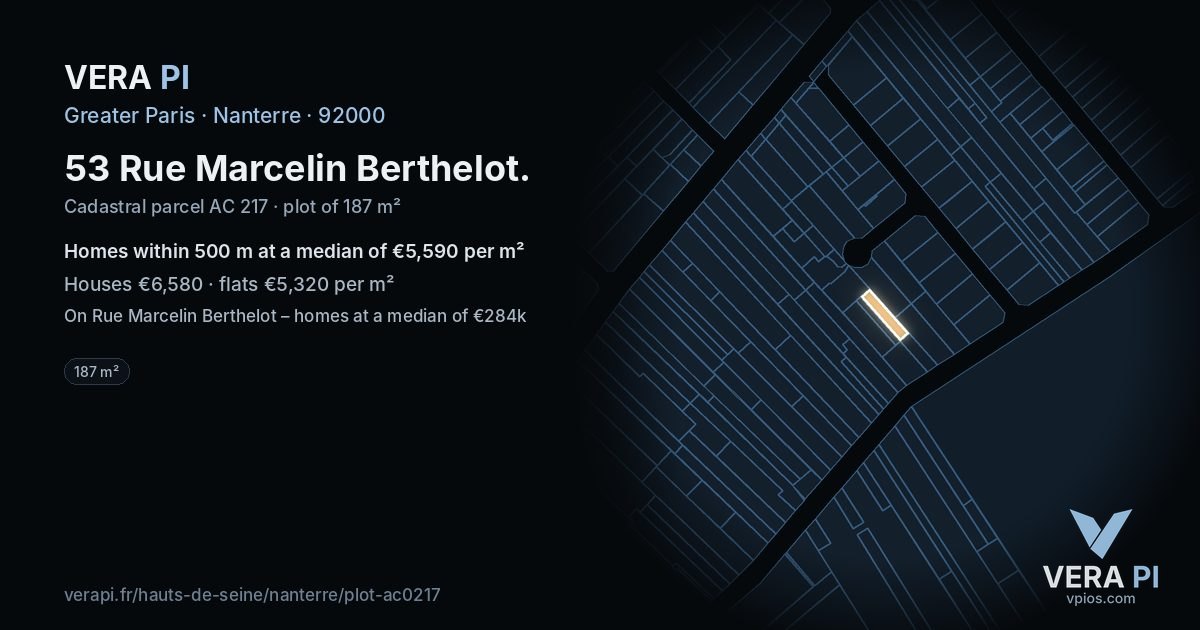 53 Rue Marcelin Berthelot, Nanterre at night – the plot lit, the parcels around coloured by the prices near them
