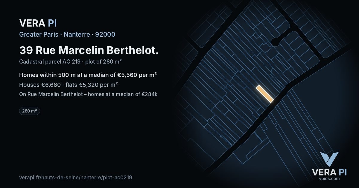39 Rue Marcelin Berthelot, Nanterre at night – the plot lit, the parcels around coloured by the prices near them