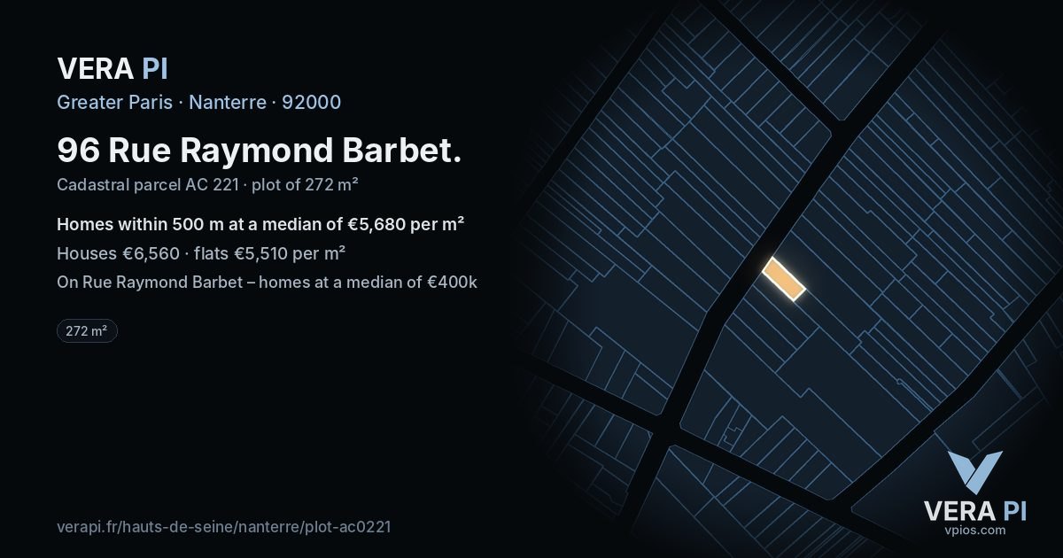 96 Rue Raymond Barbet, Nanterre at night – the plot lit, the parcels around coloured by the prices near them