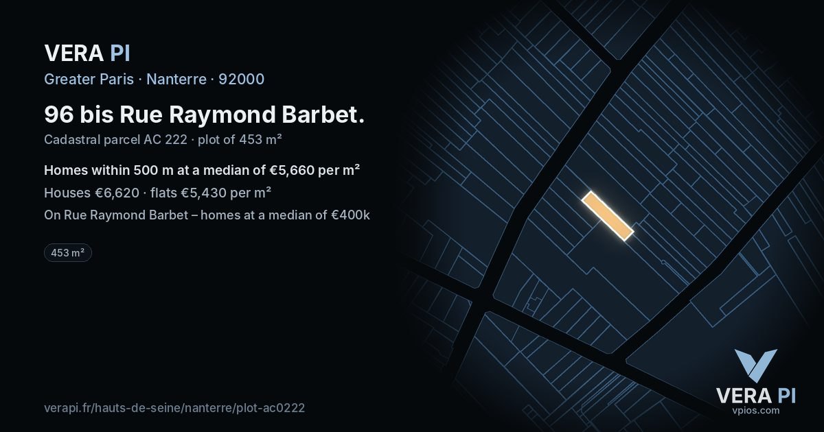 96 bis Rue Raymond Barbet, Nanterre at night – the plot lit, the parcels around coloured by the prices near them