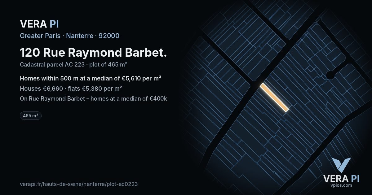 120 Rue Raymond Barbet, Nanterre at night – the plot lit, the parcels around coloured by the prices near them