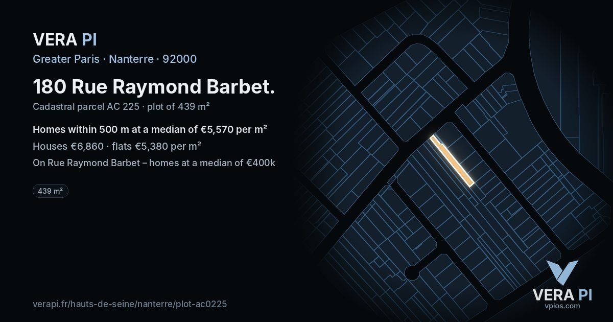 180 Rue Raymond Barbet, Nanterre at night – the plot lit, the parcels around coloured by the prices near them