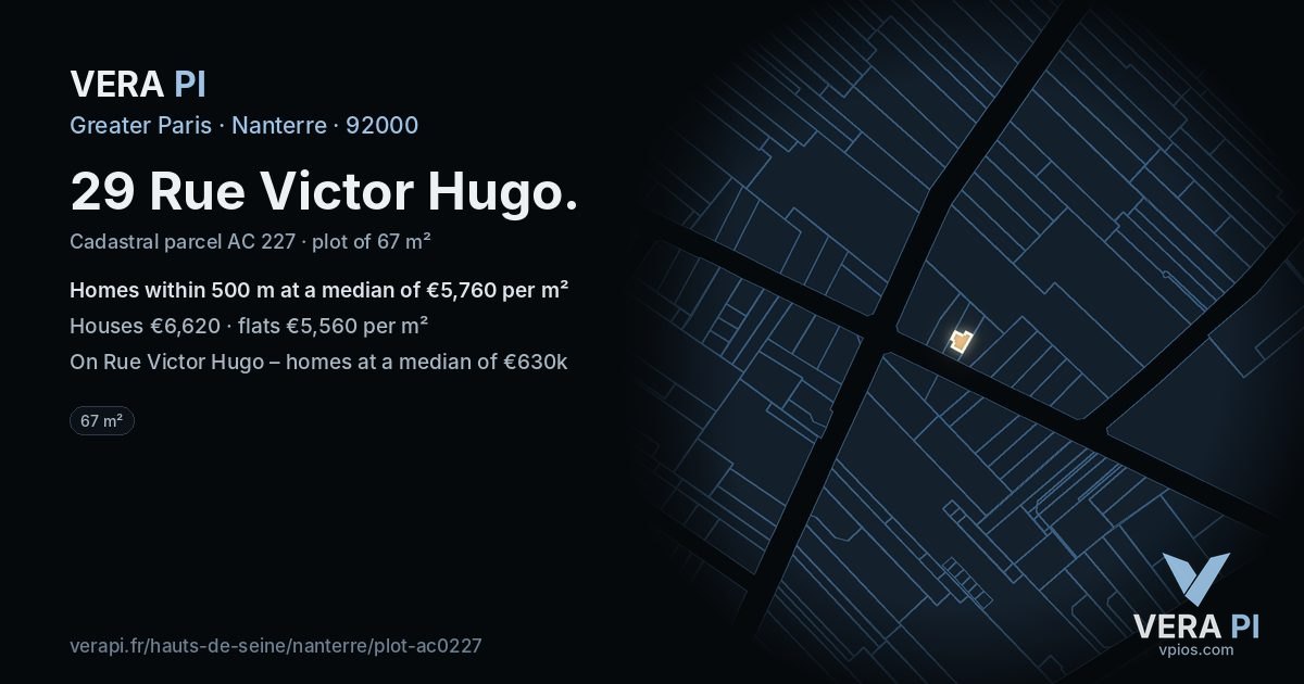 29 Rue Victor Hugo, Nanterre at night – the plot lit, the parcels around coloured by the prices near them