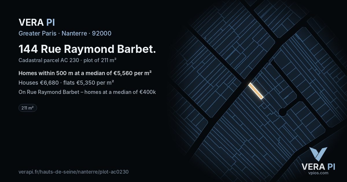 144 Rue Raymond Barbet, Nanterre at night – the plot lit, the parcels around coloured by the prices near them