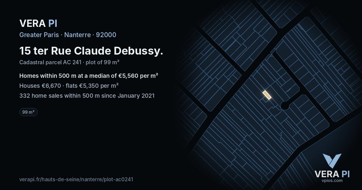 15 ter Rue Claude Debussy, Nanterre at night – the plot lit, the parcels around coloured by the prices near them
