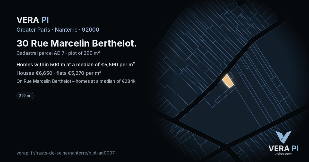 30 Rue Marcelin Berthelot, Nanterre at night – the plot lit, the parcels around coloured by the prices near them