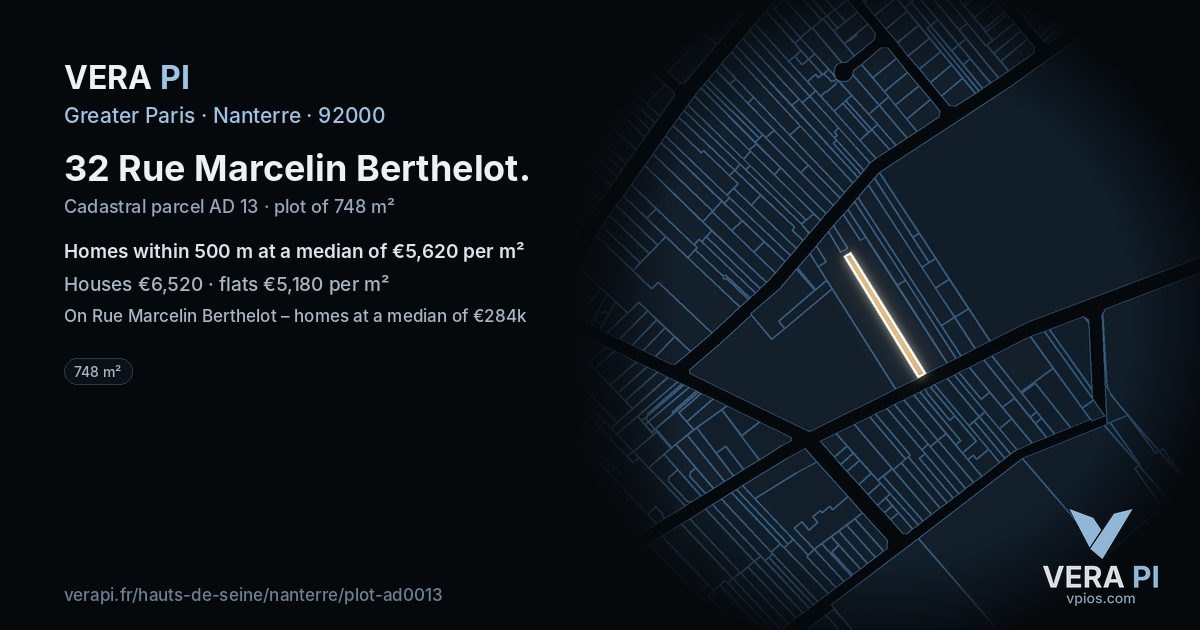 32 Rue Marcelin Berthelot, Nanterre at night – the plot lit, the parcels around coloured by the prices near them