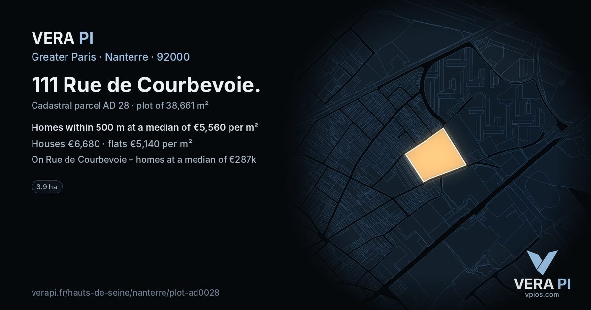 111 Rue de Courbevoie, Nanterre at night – the plot lit, the parcels around coloured by the prices near them