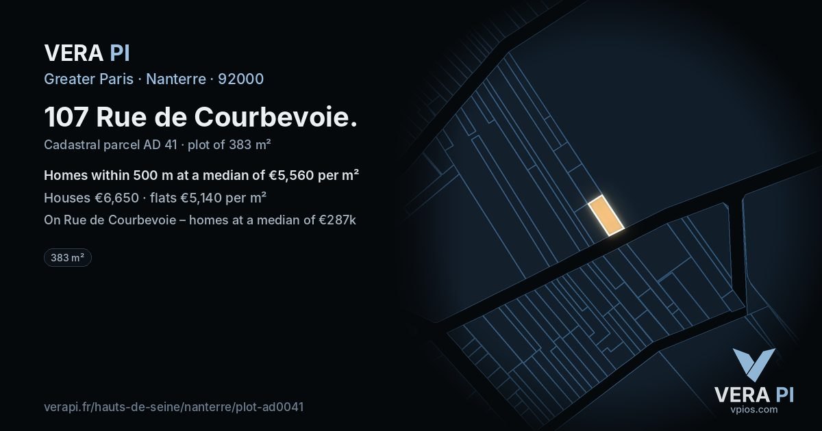 107 Rue de Courbevoie, Nanterre at night – the plot lit, the parcels around coloured by the prices near them