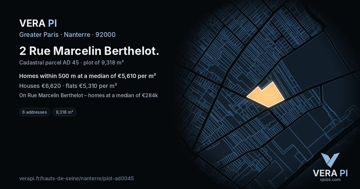 2 Rue Marcelin Berthelot, Nanterre at night – the plot lit, the parcels around coloured by the prices near them