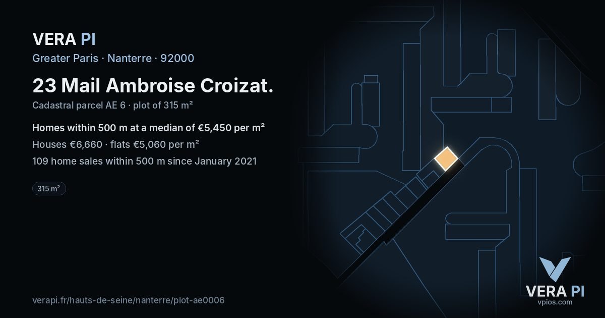 23 Mail Ambroise Croizat, Nanterre at night – the plot lit, the parcels around coloured by the prices near them