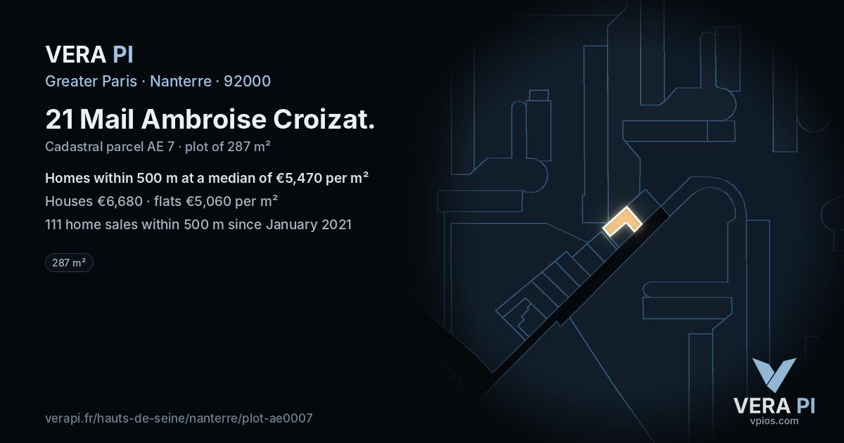 21 Mail Ambroise Croizat, Nanterre at night – the plot lit, the parcels around coloured by the prices near them