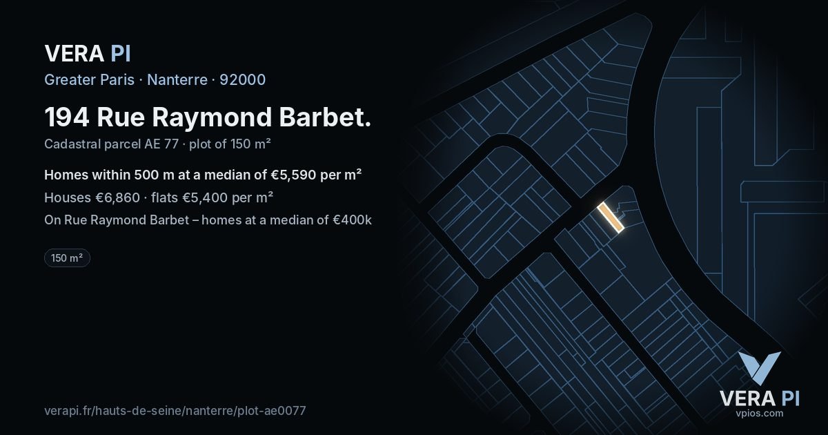 194 Rue Raymond Barbet, Nanterre at night – the plot lit, the parcels around coloured by the prices near them