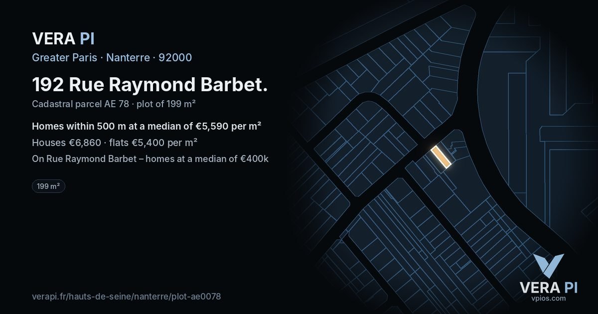 192 Rue Raymond Barbet, Nanterre at night – the plot lit, the parcels around coloured by the prices near them