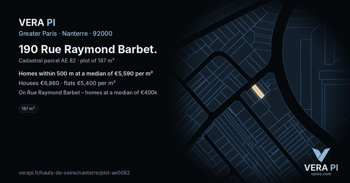 190 Rue Raymond Barbet, Nanterre at night – the plot lit, the parcels around coloured by the prices near them