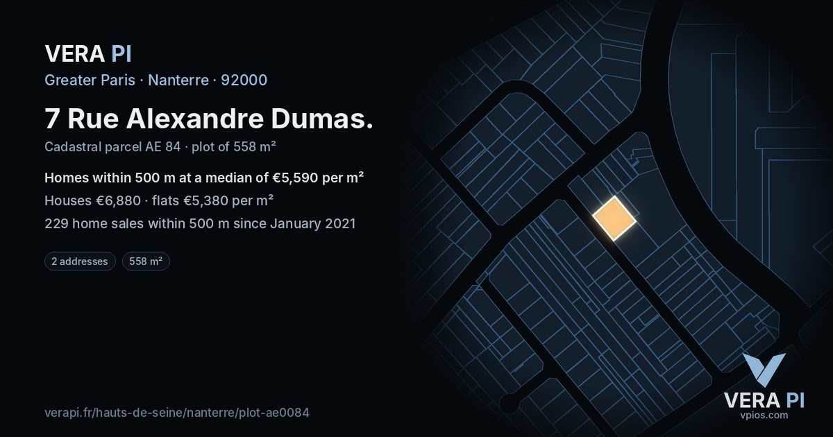 7 Rue Alexandre Dumas, Nanterre at night – the plot lit, the parcels around coloured by the prices near them