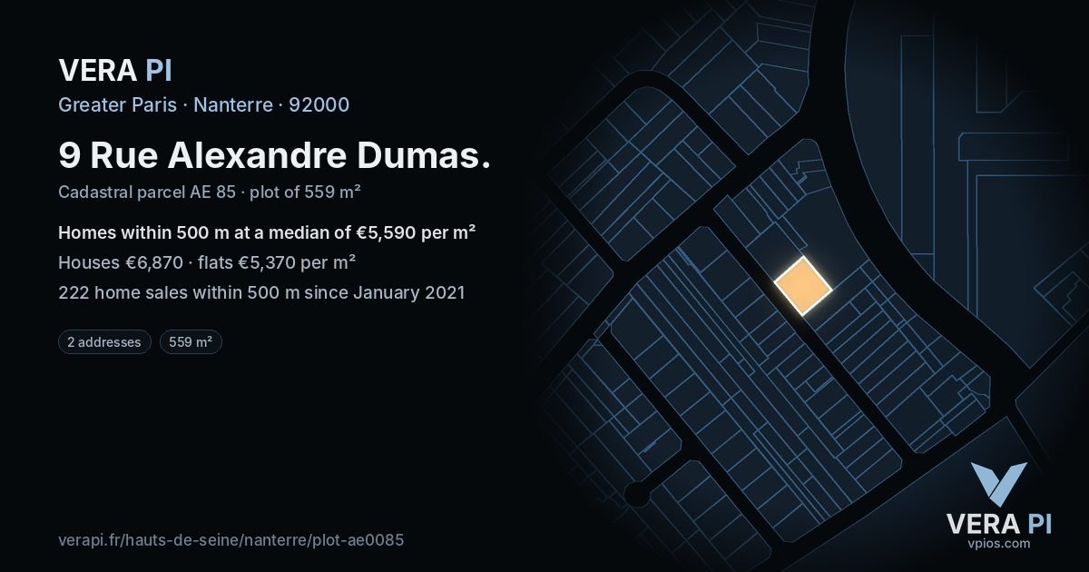 9 Rue Alexandre Dumas, Nanterre at night – the plot lit, the parcels around coloured by the prices near them