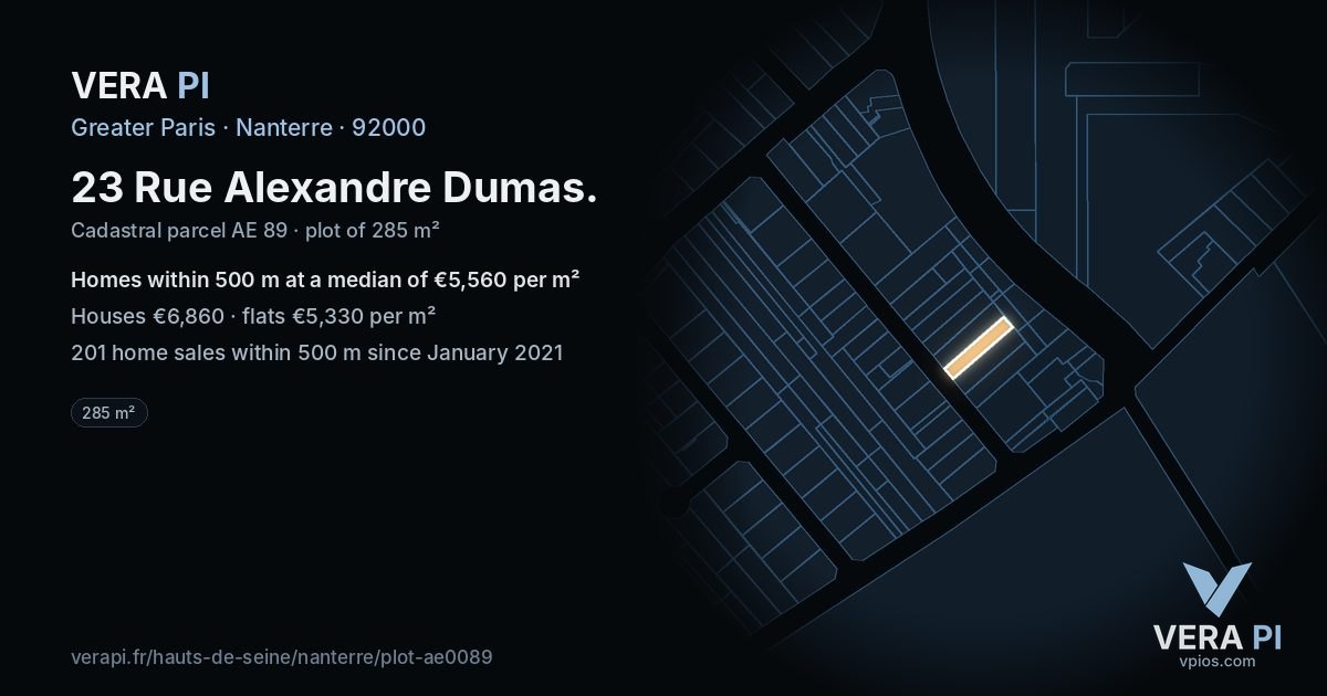 23 Rue Alexandre Dumas, Nanterre at night – the plot lit, the parcels around coloured by the prices near them