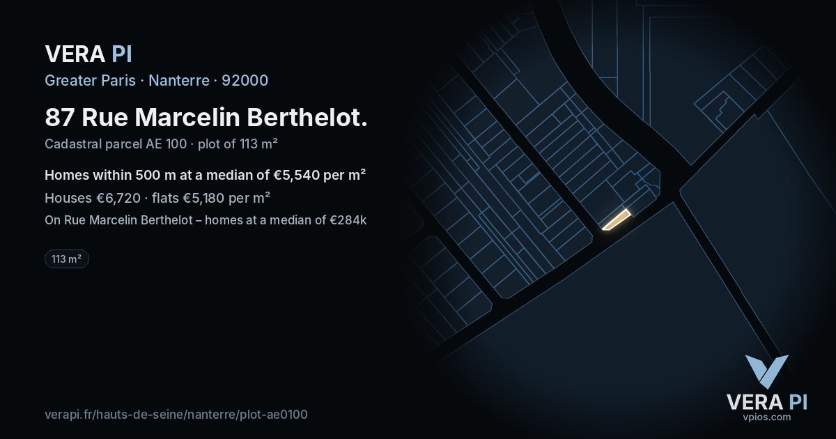 87 Rue Marcelin Berthelot, Nanterre at night – the plot lit, the parcels around coloured by the prices near them