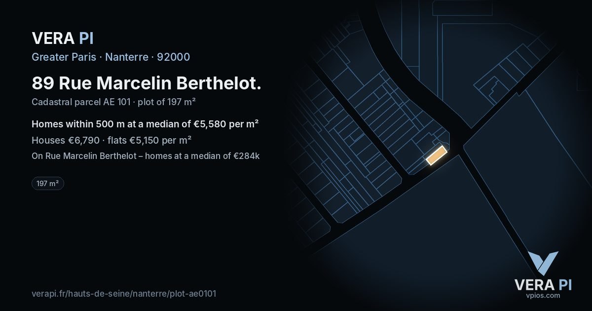 89 Rue Marcelin Berthelot, Nanterre at night – the plot lit, the parcels around coloured by the prices near them