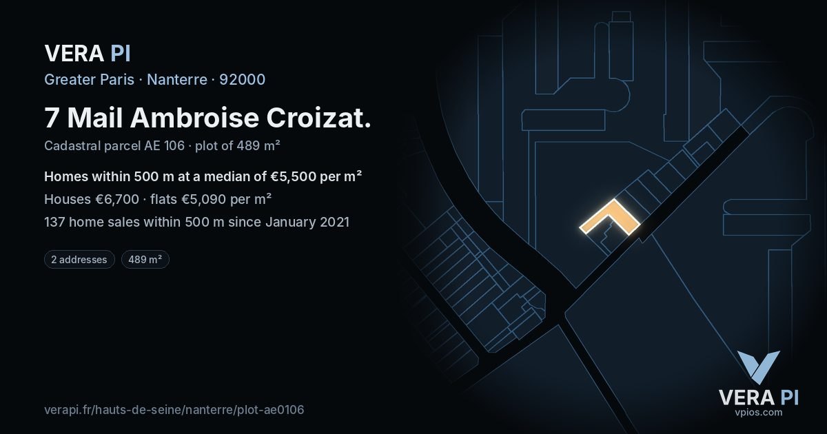 7 Mail Ambroise Croizat, Nanterre at night – the plot lit, the parcels around coloured by the prices near them