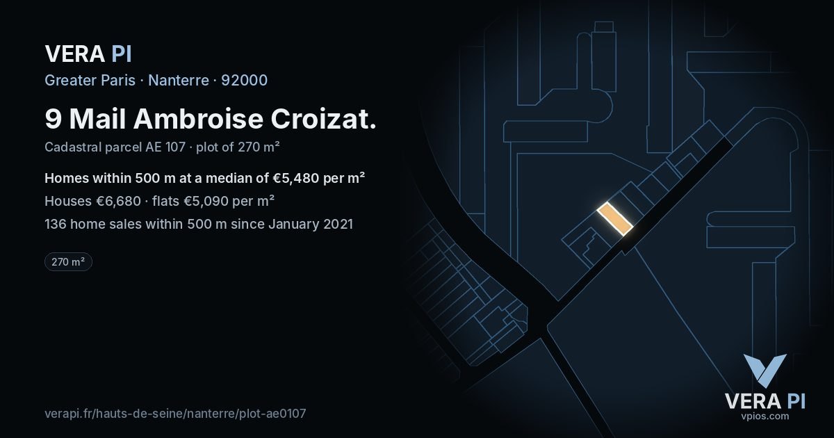 9 Mail Ambroise Croizat, Nanterre at night – the plot lit, the parcels around coloured by the prices near them
