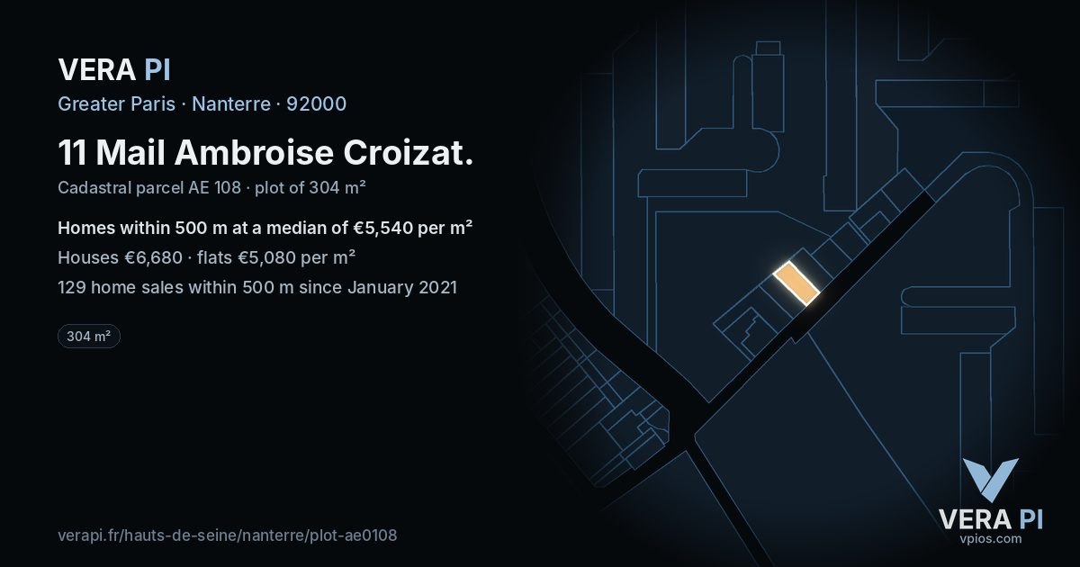 11 Mail Ambroise Croizat, Nanterre at night – the plot lit, the parcels around coloured by the prices near them