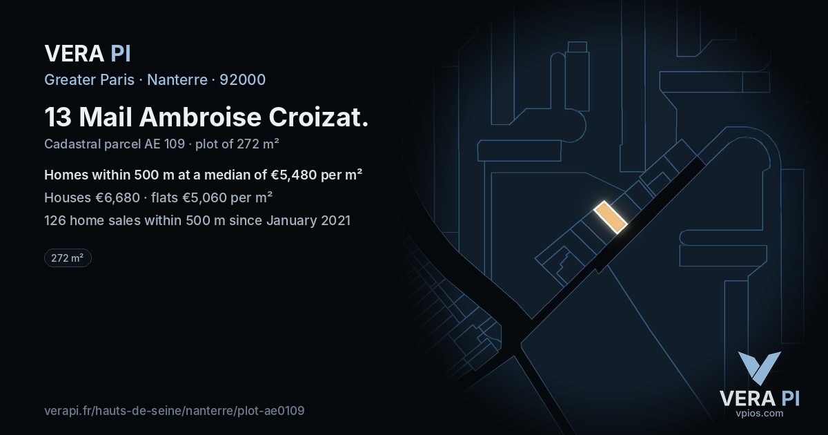 13 Mail Ambroise Croizat, Nanterre at night – the plot lit, the parcels around coloured by the prices near them