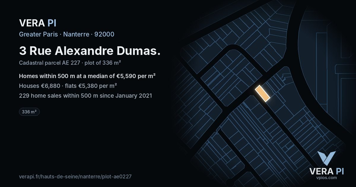 3 Rue Alexandre Dumas, Nanterre at night – the plot lit, the parcels around coloured by the prices near them