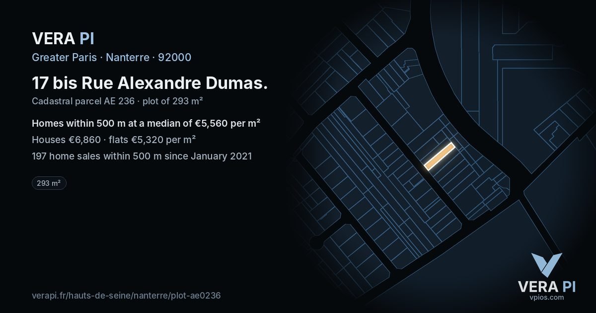 17 bis Rue Alexandre Dumas, Nanterre at night – the plot lit, the parcels around coloured by the prices near them