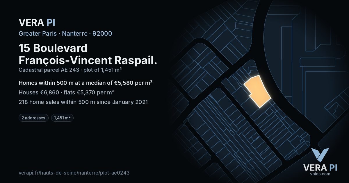 15 Boulevard François-Vincent Raspail, Nanterre at night – the plot lit, the parcels around coloured by the prices near them