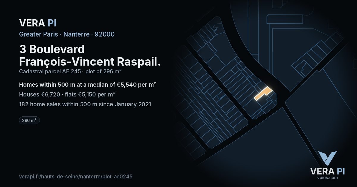 3 Boulevard François-Vincent Raspail, Nanterre at night – the plot lit, the parcels around coloured by the prices near them