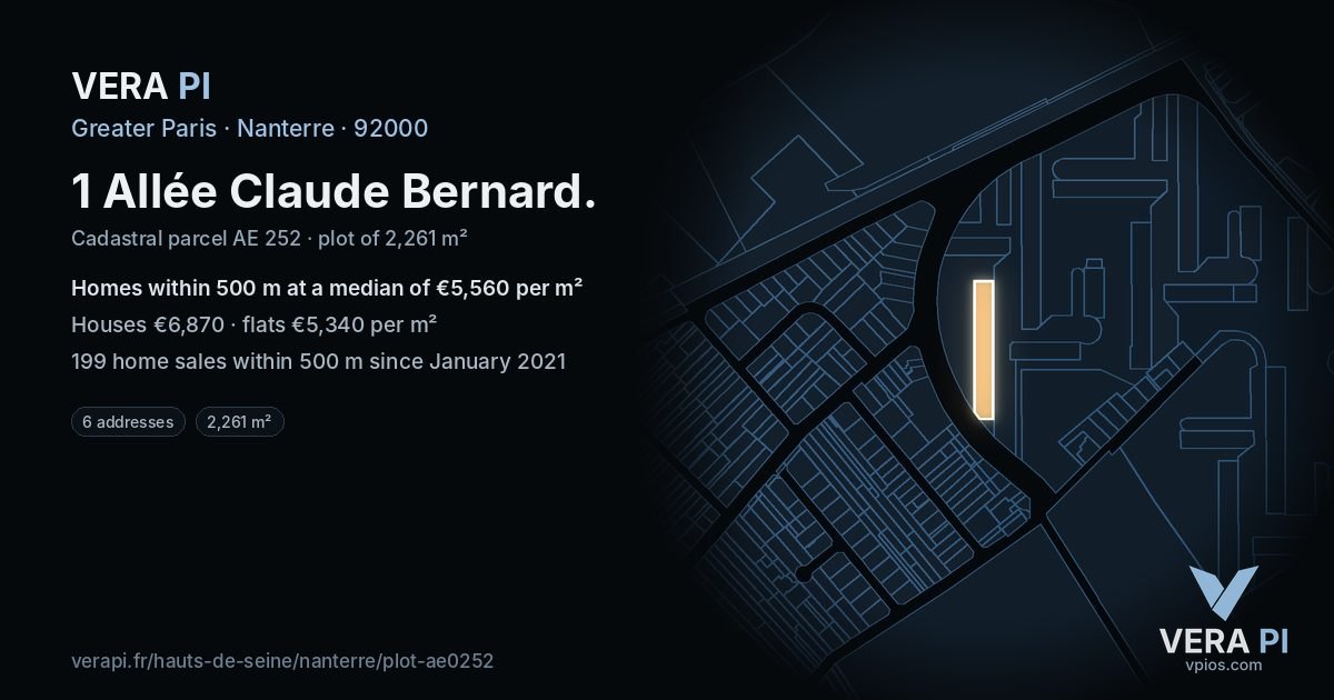 1 Allée Claude Bernard, Nanterre at night – the plot lit, the parcels around coloured by the prices near them