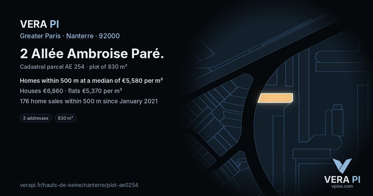 2 Allée Ambroise Paré, Nanterre at night – the plot lit, the parcels around coloured by the prices near them