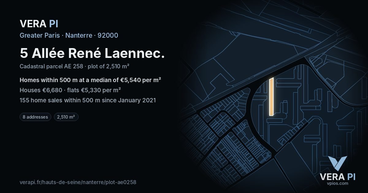 5 Allée René Laennec, Nanterre at night – the plot lit, the parcels around coloured by the prices near them