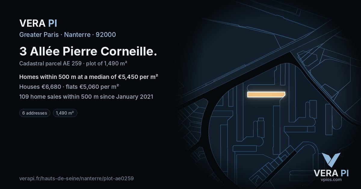 3 Allée Pierre Corneille, Nanterre at night – the plot lit, the parcels around coloured by the prices near them